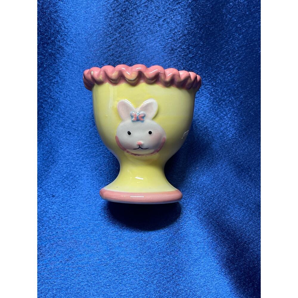 Porcelain Yellow and Pink Bunny with Ribbon Egg Cup WCL